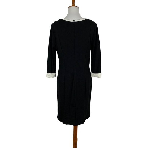 Gyalwana Black V Neck Sheath Dress Contrast Cuffs Midi Length 15 Office Elegant - Picture 4 of 6